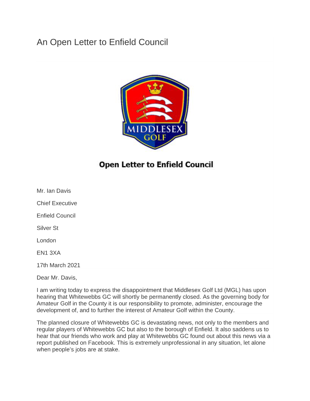 An Open Letter to Enfield Council