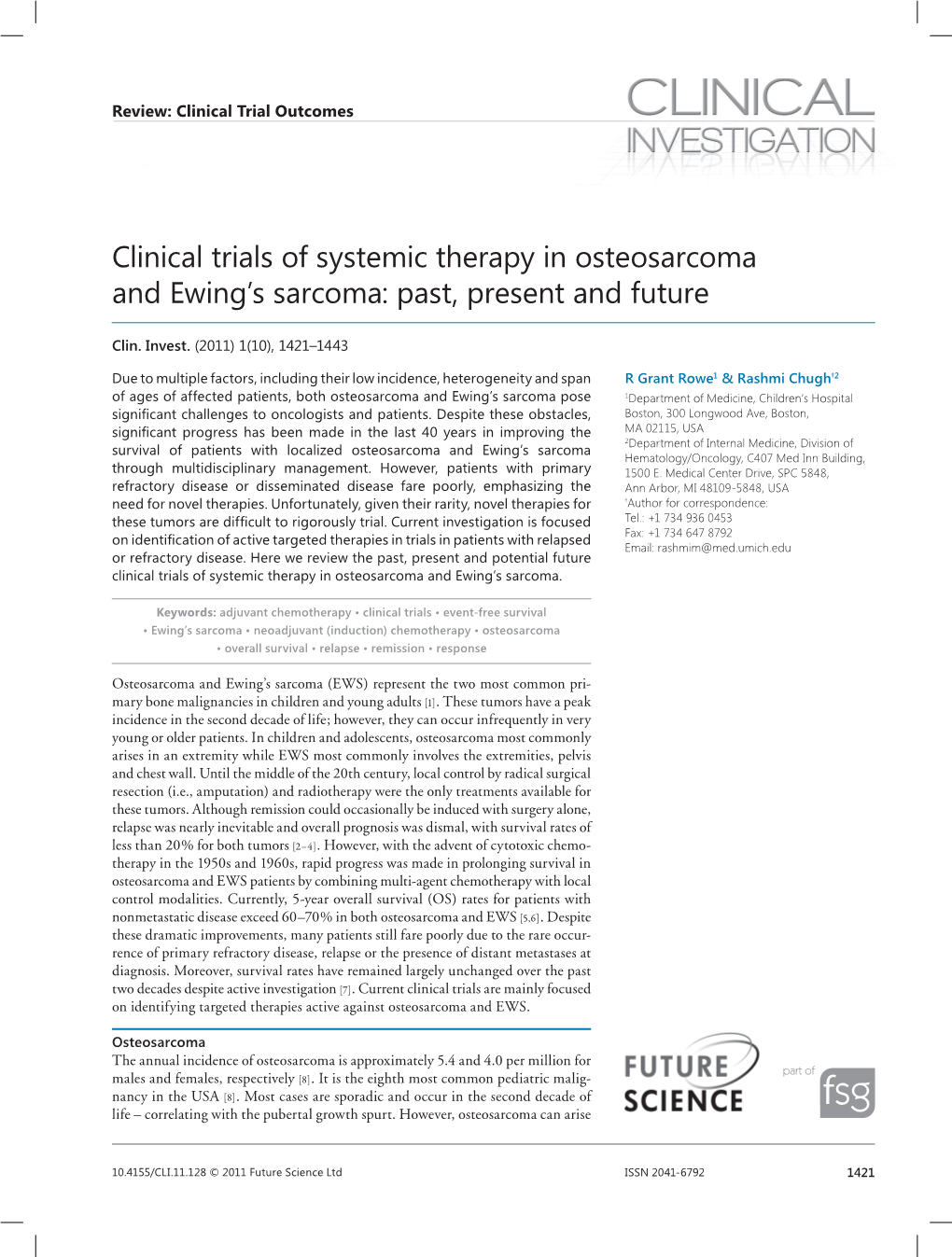 Clinical Trials of Systemic Therapy in Osteosarcoma and Ewing’S Sarcoma: Past, Present and Future