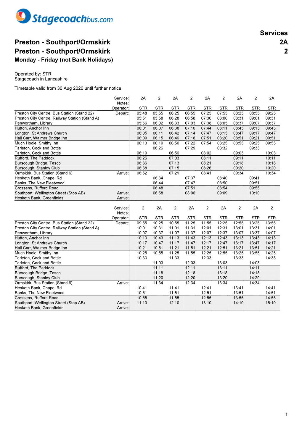 Stagecoach 2A and 2 Timetable