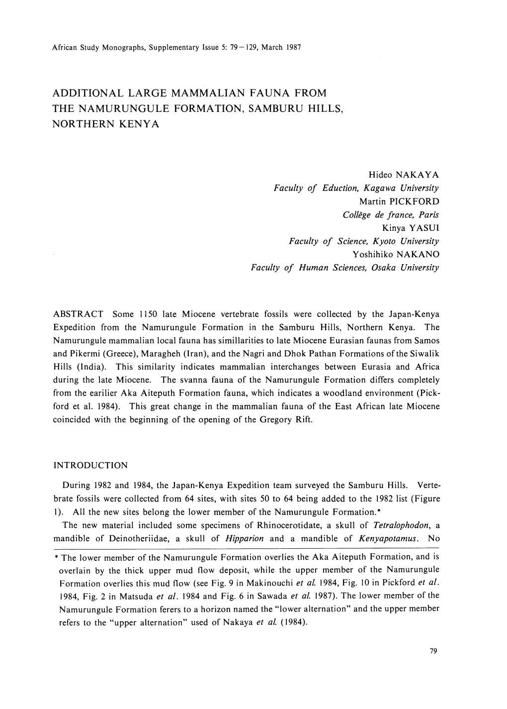 Additional Large Mammalian Fauna from the Namurungule Formation, Samburu Hills, Northern Kenya