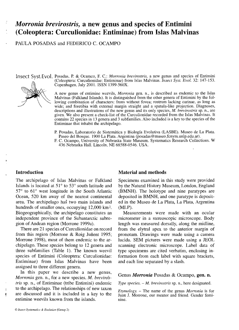 Morronia Brevirostris, a New Genus and Species of Entimini (Coleoptera: Curculionidae: Entiminae) from Islas Malvinas