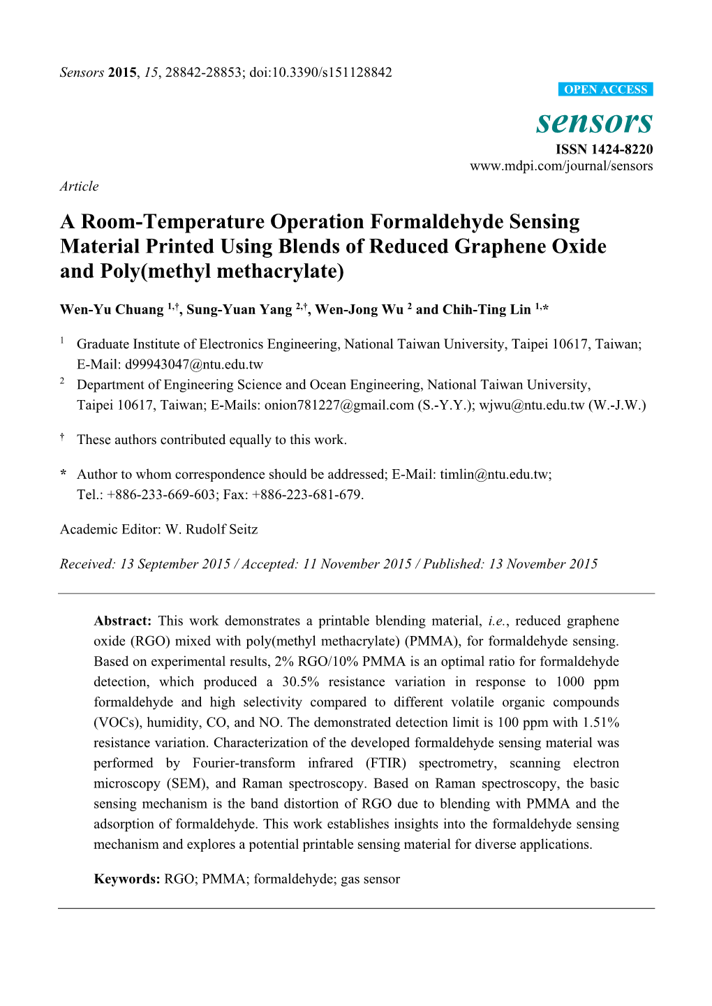 A Room-Temperature Operation Formaldehyde Sensing Material Printed Using Blends of Reduced Graphene Oxide and Poly(Methyl Methacrylate)