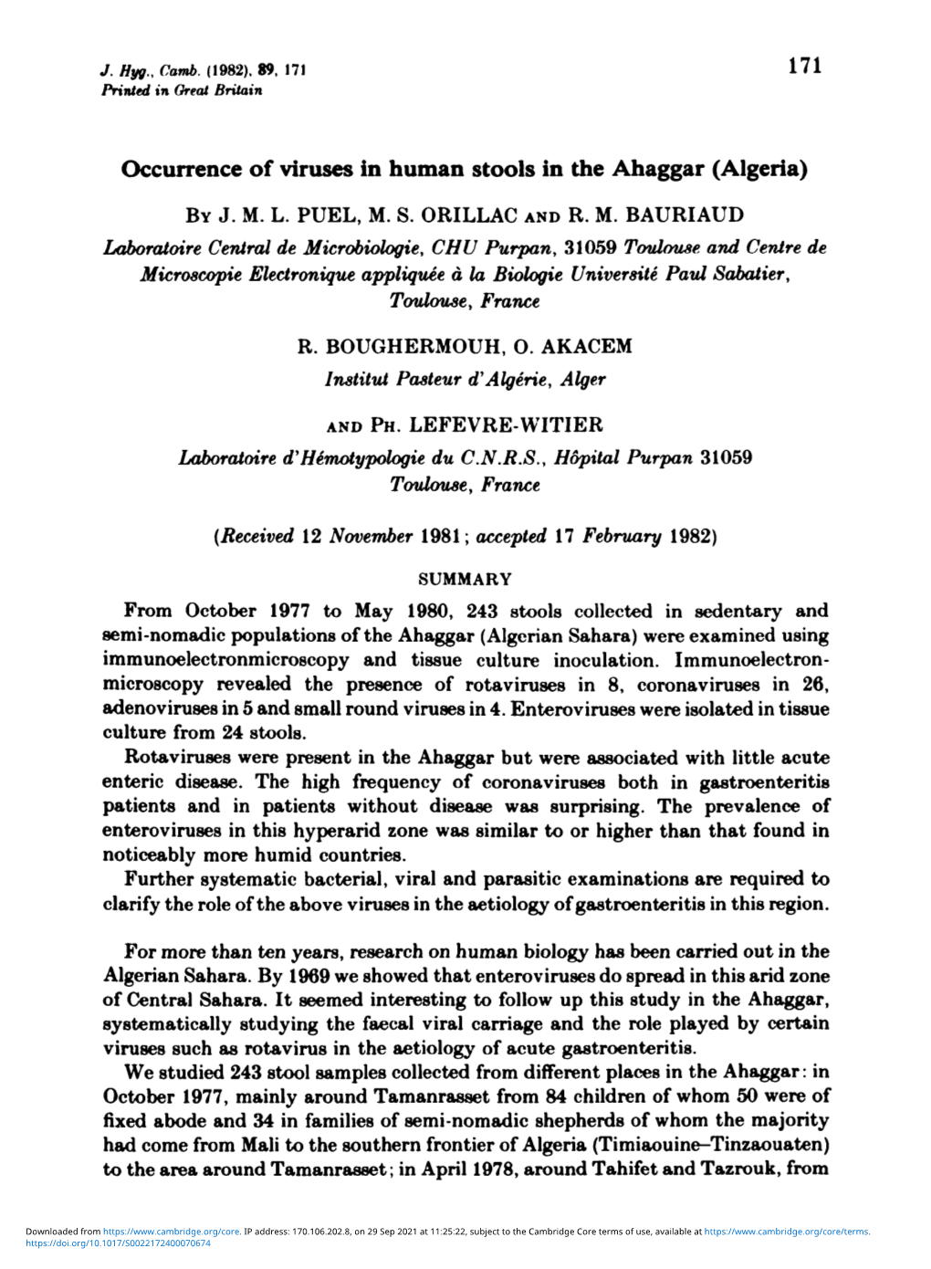 Occurrence of Viruses in Human Stools in the Ahaggar (Algeria)