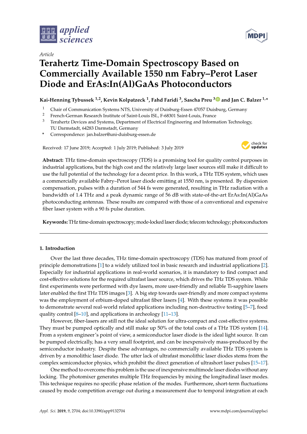 Terahertz Time-Domain Spectroscopy Based on Commercially Available 1550 Nm Fabry–Perot Laser Diode and Eras:In(Al)Gaas Photoconductors