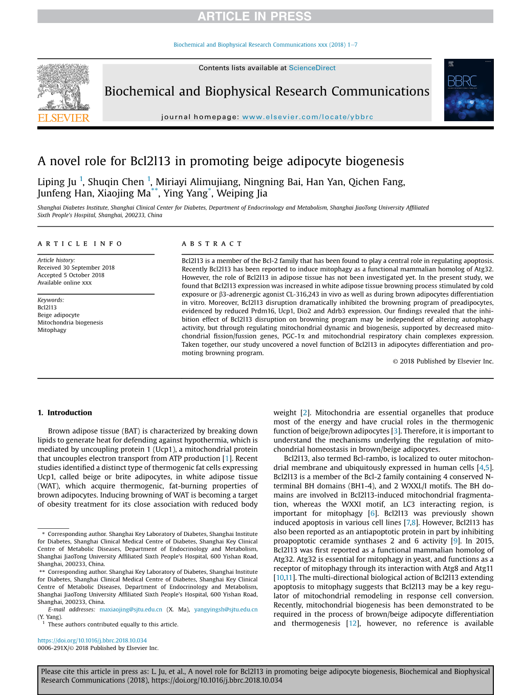 A Novel Role for Bcl2l13 in Promoting Beige Adipocyte Biogenesis