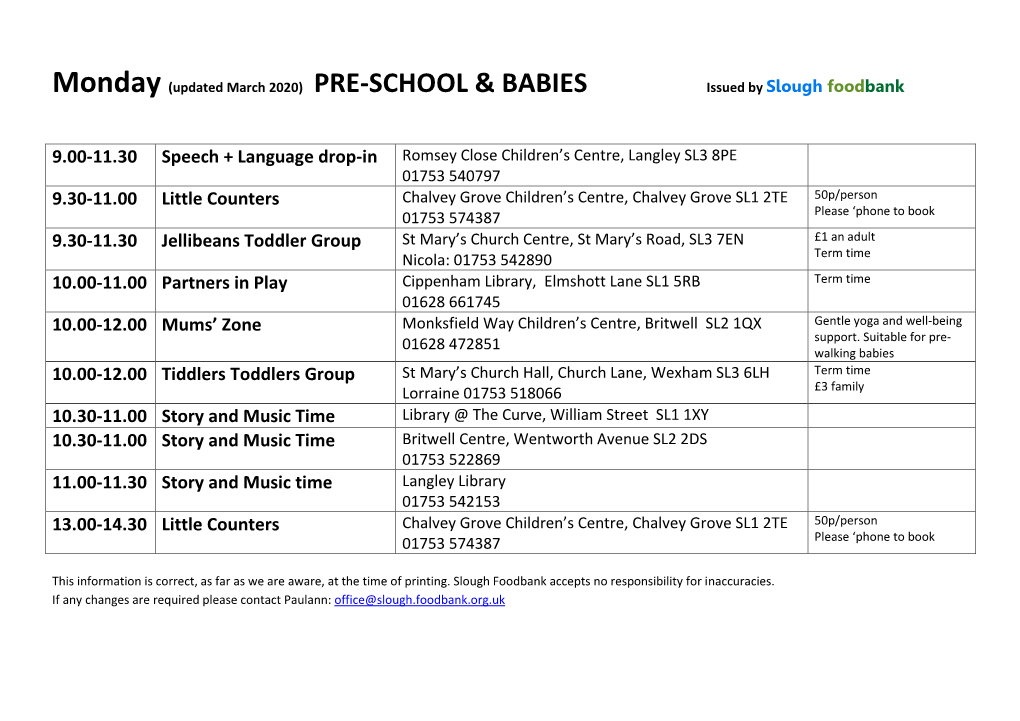 (Updated March 2020) PRE-SCHOOL & BABIES