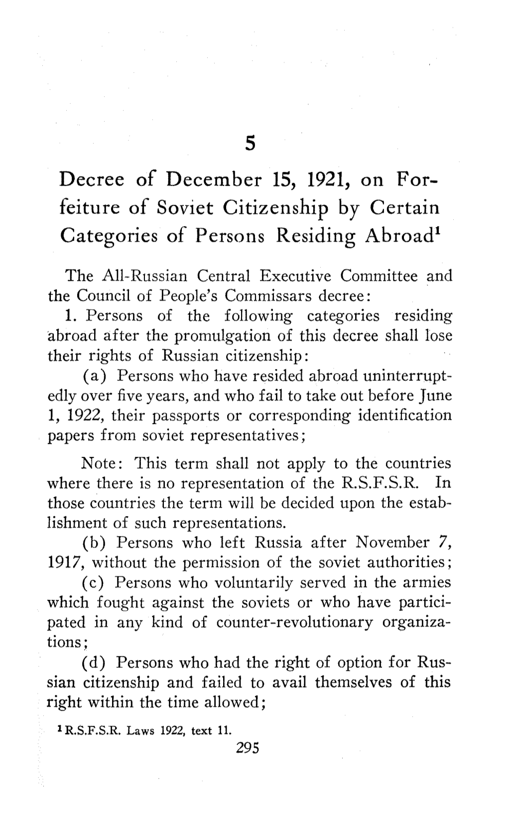 Decree of December 15, 1921, on For- Feiture of Soviet Citizenship By