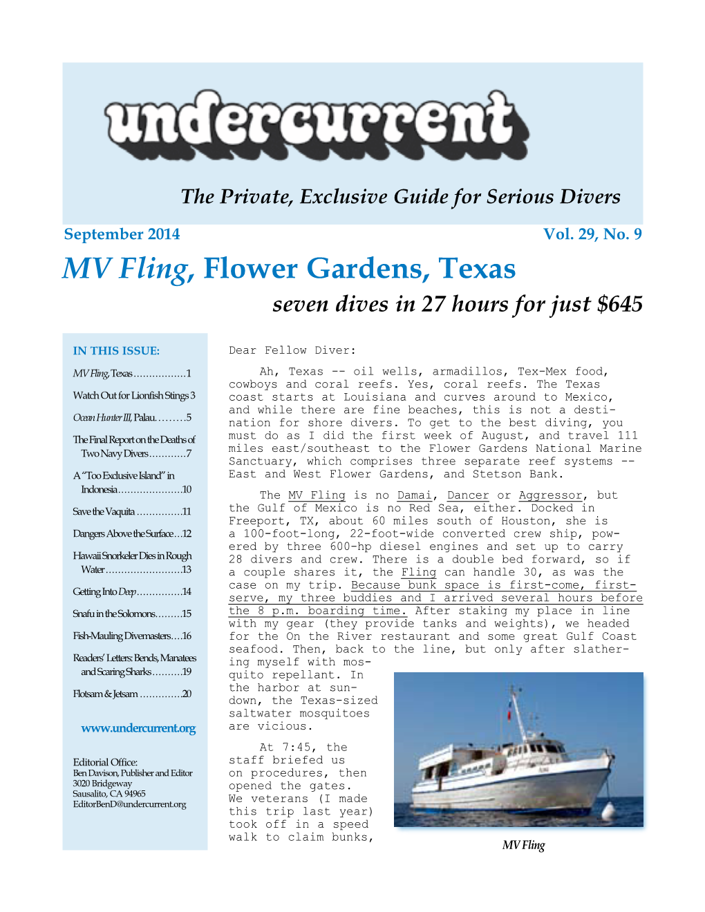 MV Fling, Flower Gardens, Texas + [Other Articles] Undercurrent