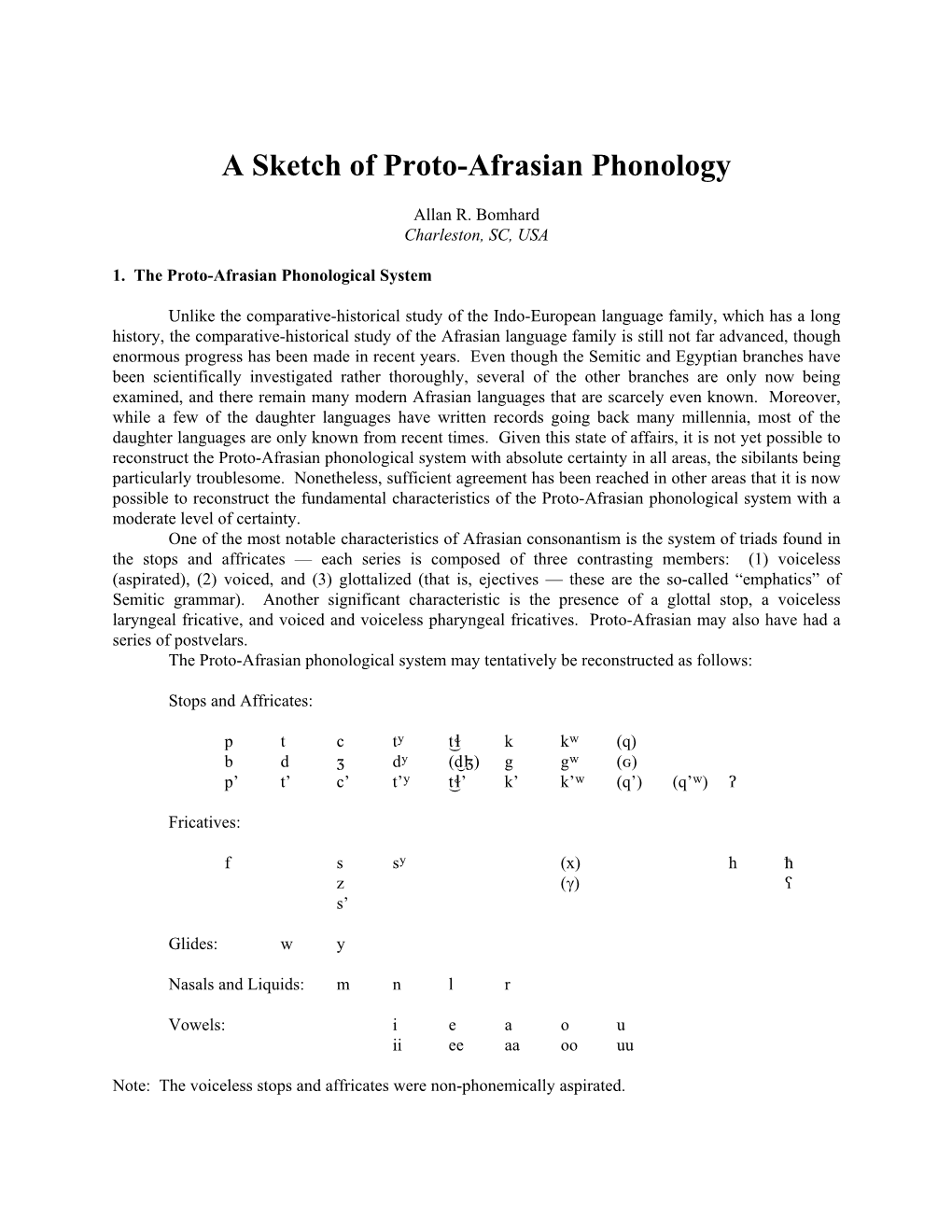 A Sketch of Proto-Afrasian Phonology