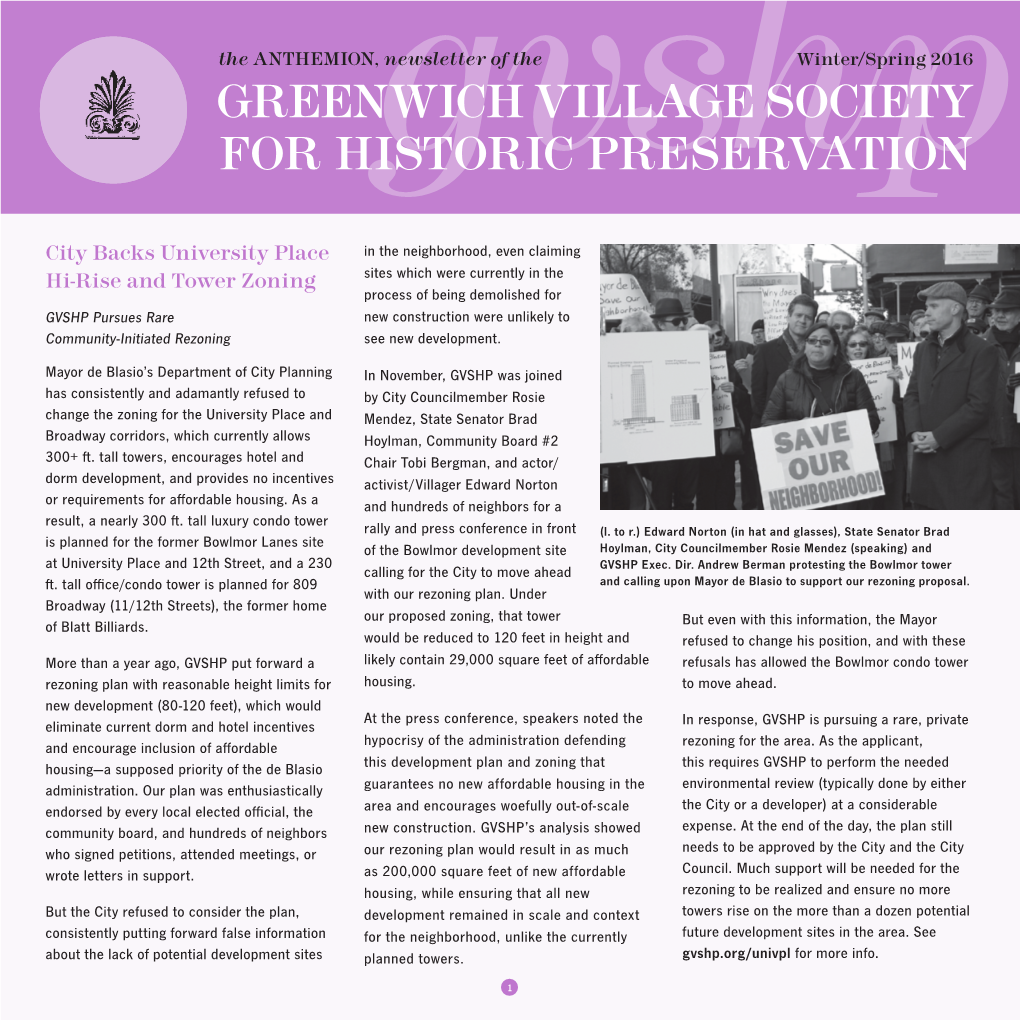 Winter/Spring 2016 GREENWICH VILLAGE SOCIETY for HISTORIC PRESERVATION