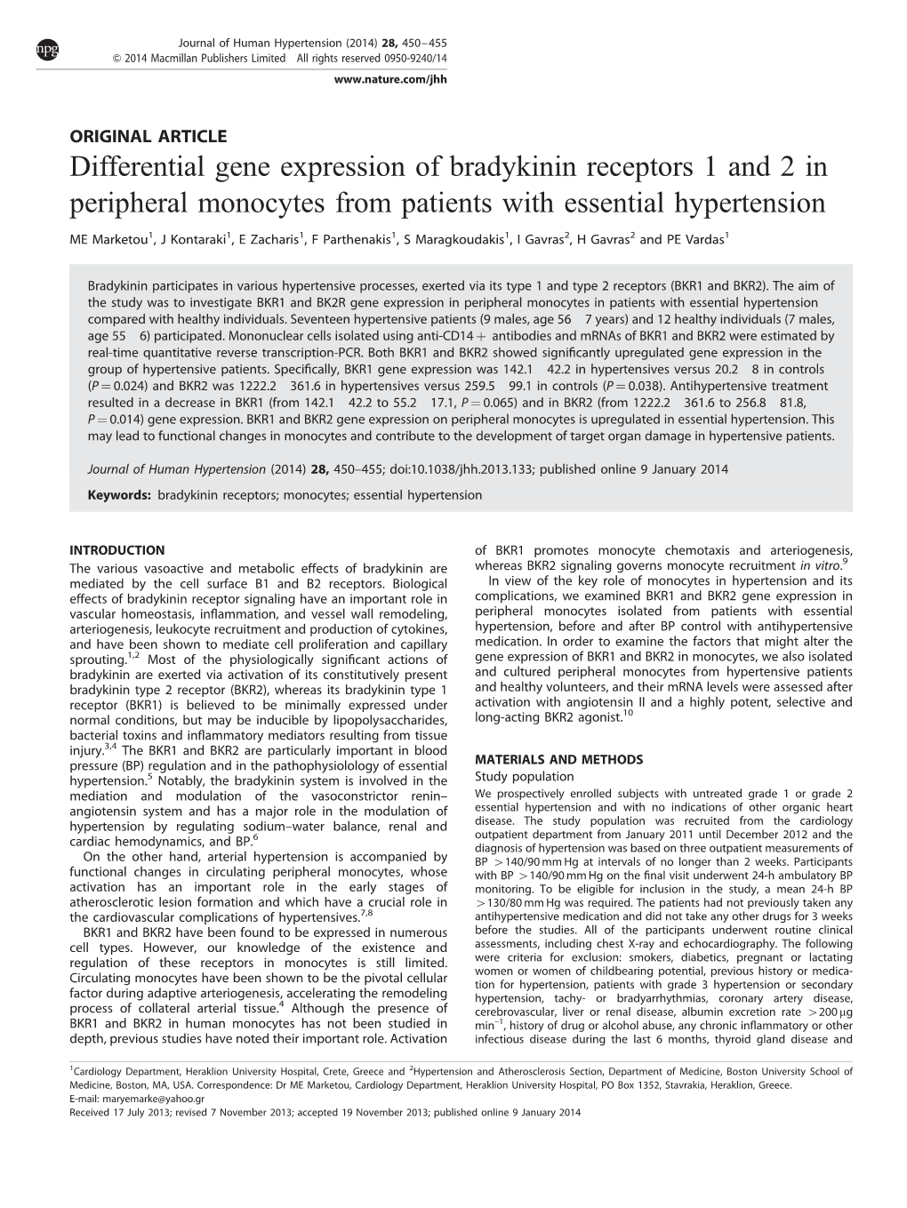 Differential Gene Expression of Bradykinin Receptors 1 and 2 in Peripheral Monocytes from Patients with Essential Hypertension