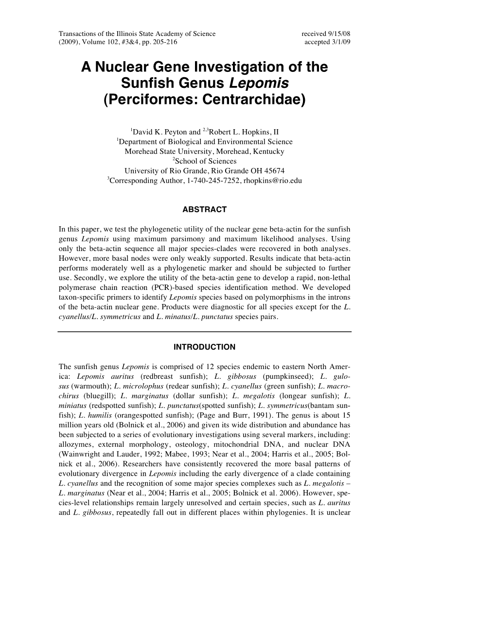 A Nuclear Gene Investigation of the Sunfish Genus Lepomis (Perciformes: Centrarchidae)