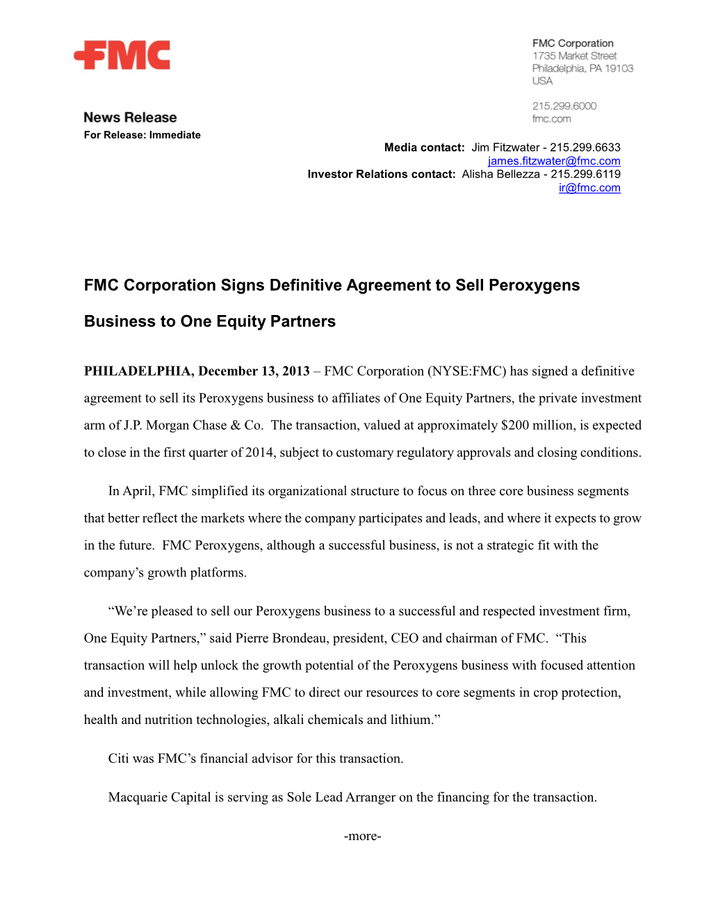 FMC Corporation Signs Definitive Agreement to Sell Peroxygens
