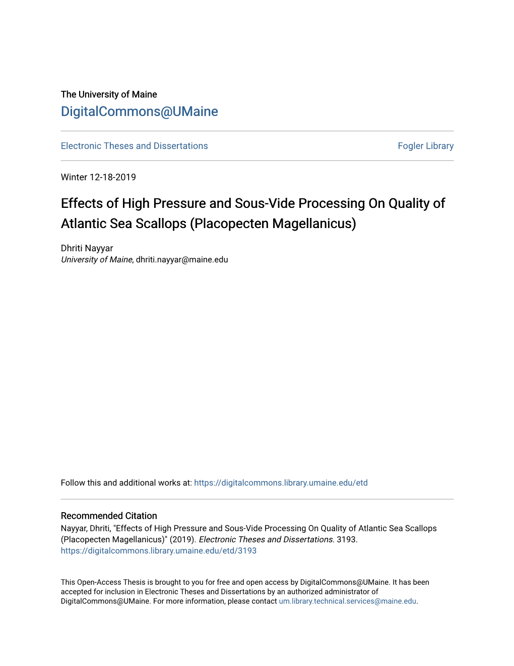 Effects of High Pressure and Sous-Vide Processing on Quality of Atlantic Sea Scallops (Placopecten Magellanicus)