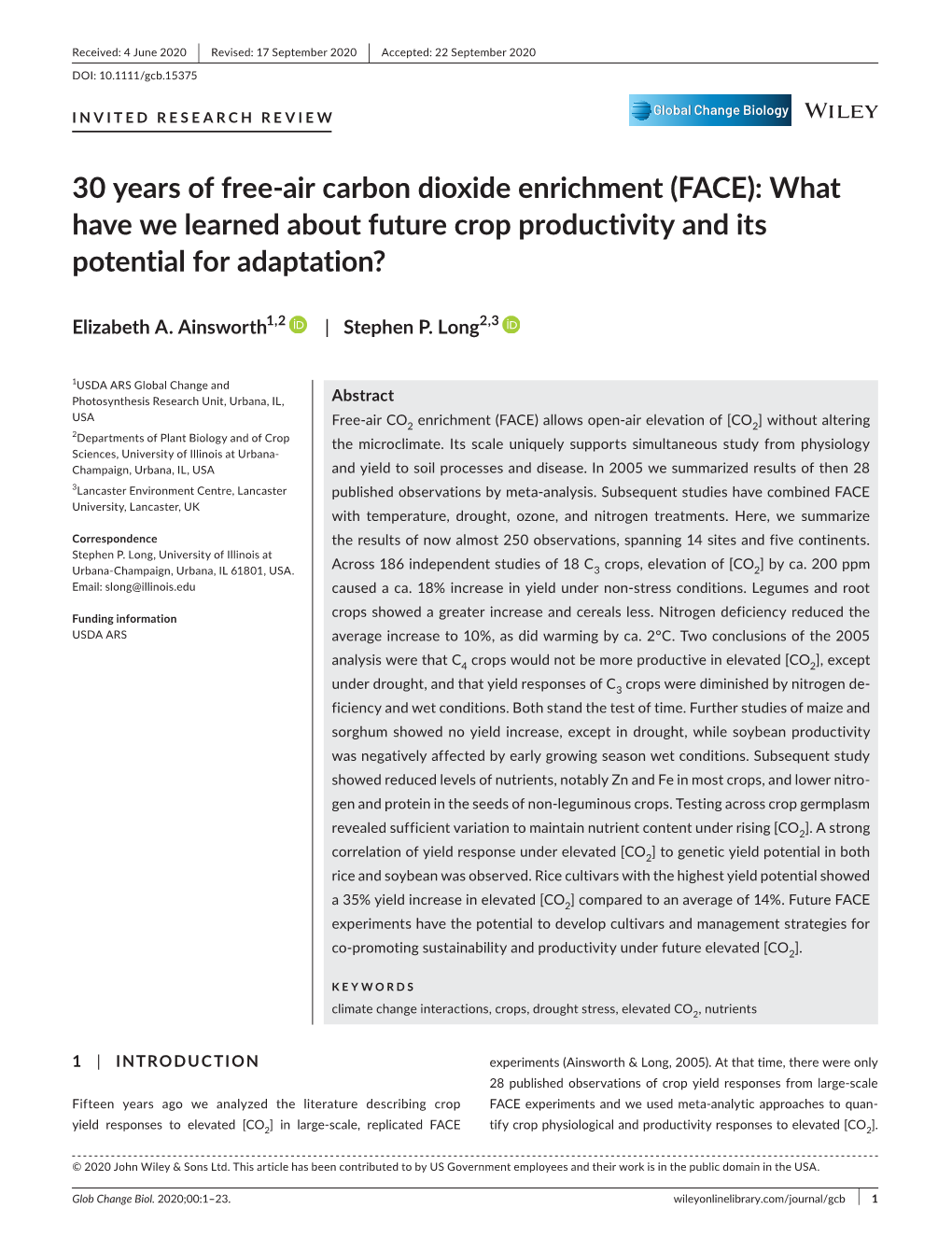 30 Years of Free-Air Carbon Dioxide Enrichment (FACE): What Have We Learned About Future Crop Productivity and Its Potential for Adaptation?