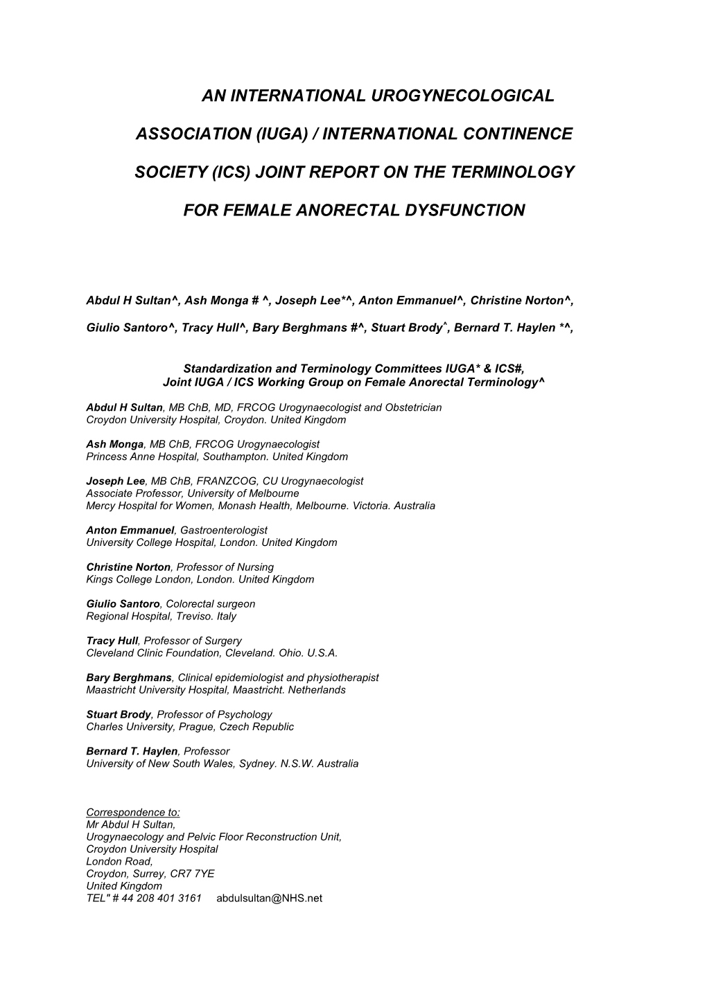 Joint Report on the Terminology