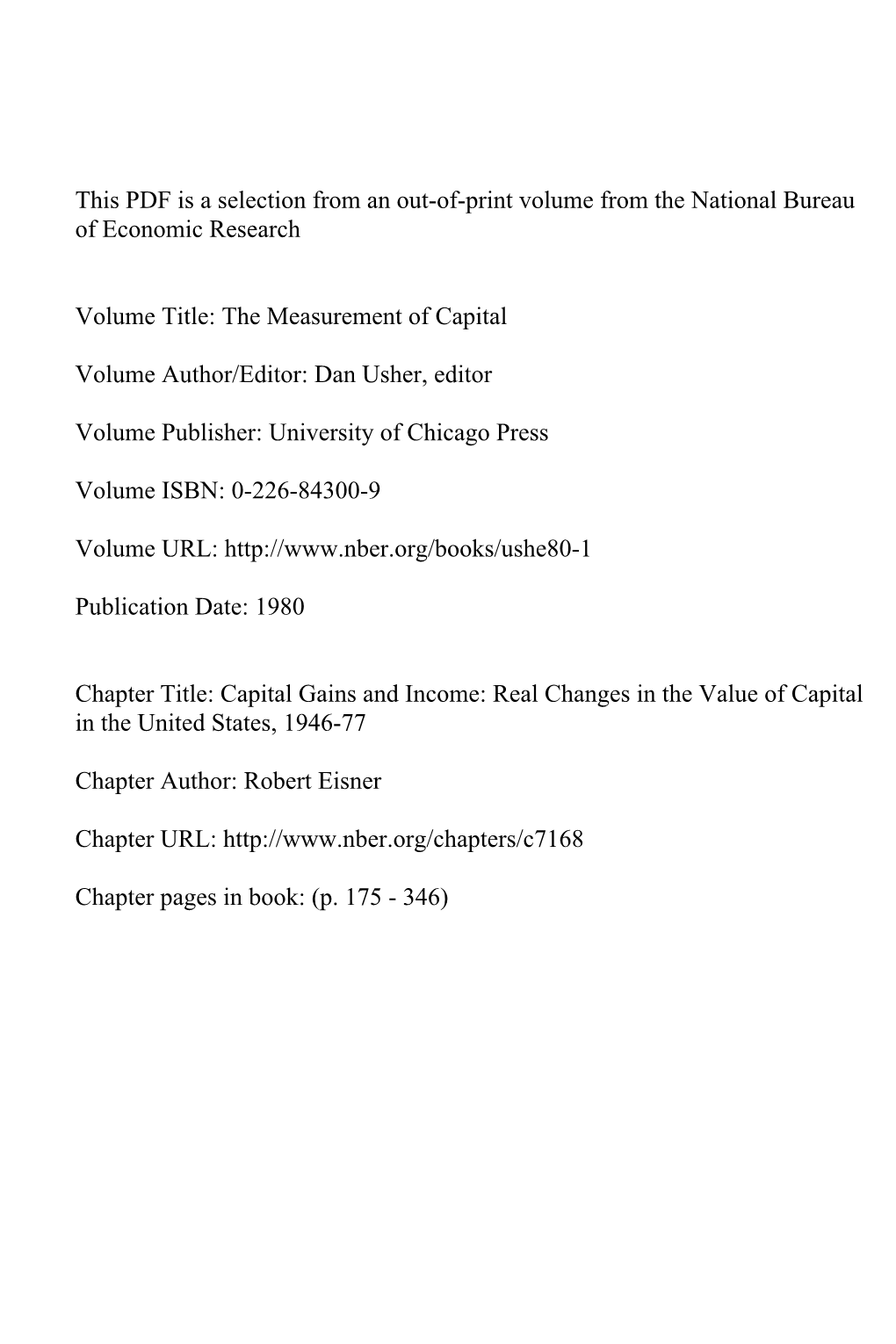 Capital Gains and Income: Real Changes in the Value of Capital in the United States, 1946-77