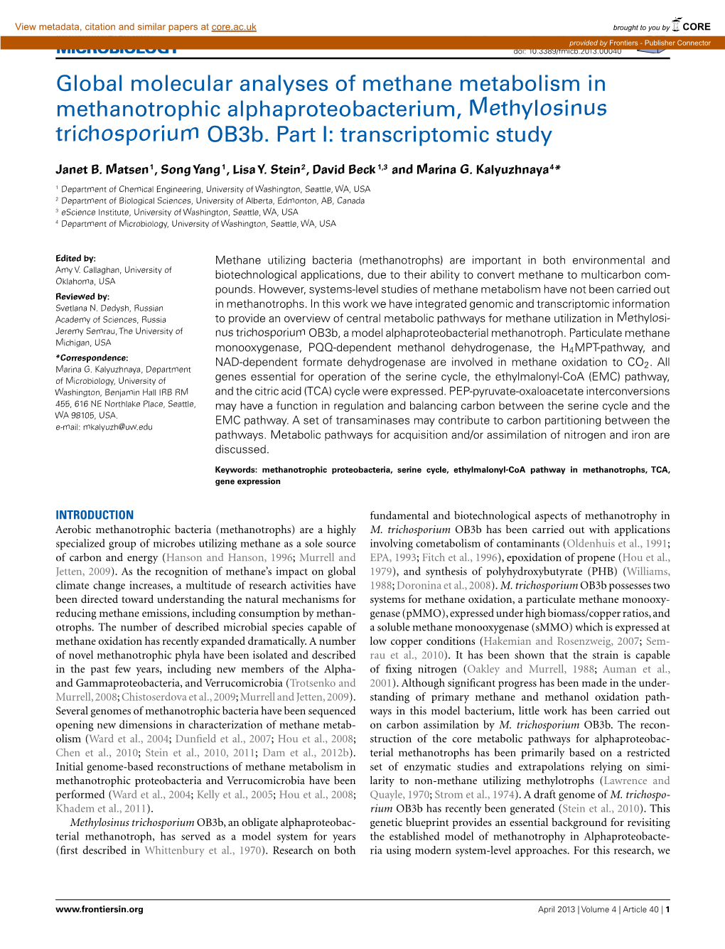 Global Molecular Analyses of Methane Metabolism in Methanotrophic Alphaproteobacterium, Methylosinus Trichosporium Ob3b