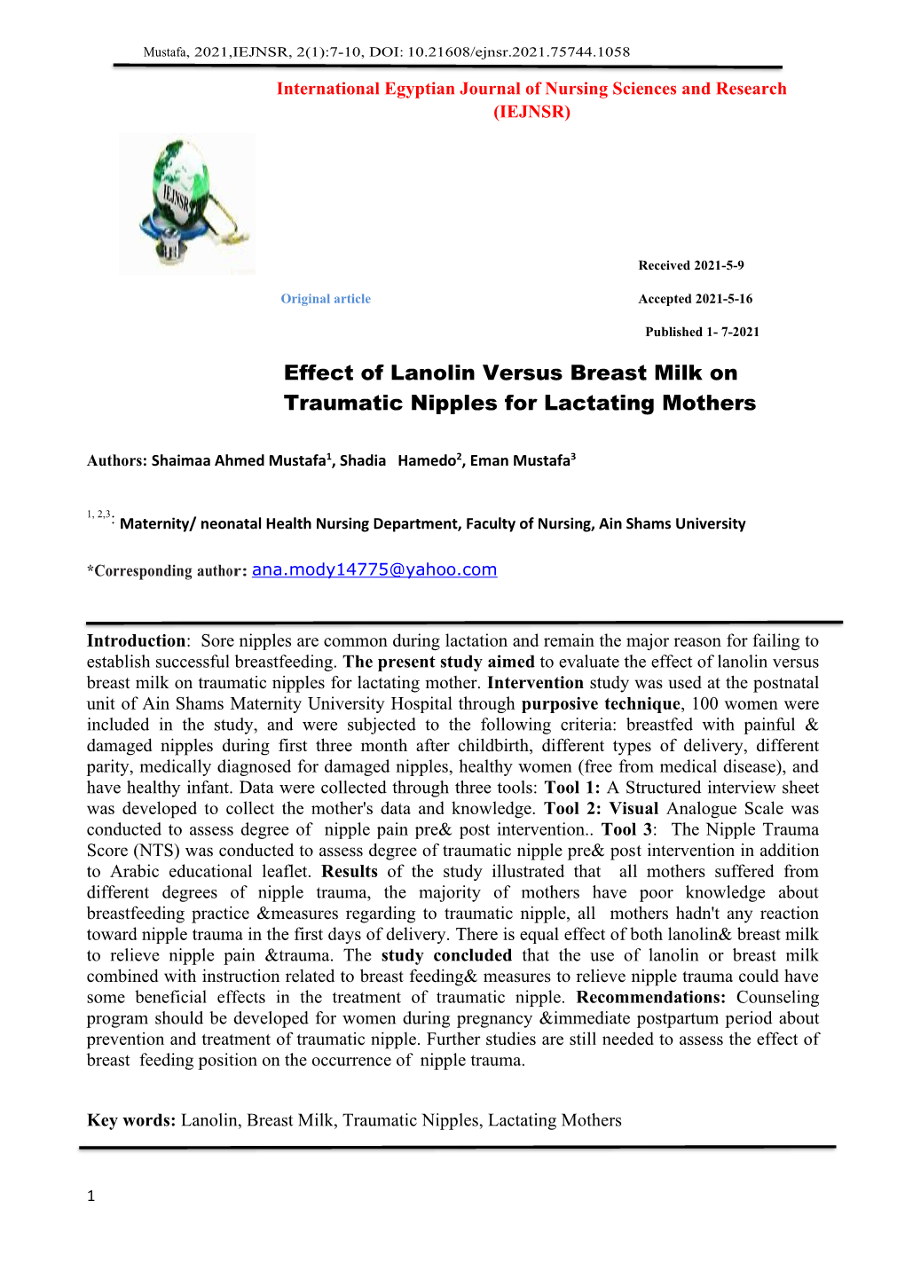 Effect of Lanolin Versus Breast Milk on Traumatic Nipples for Lactating Mothers