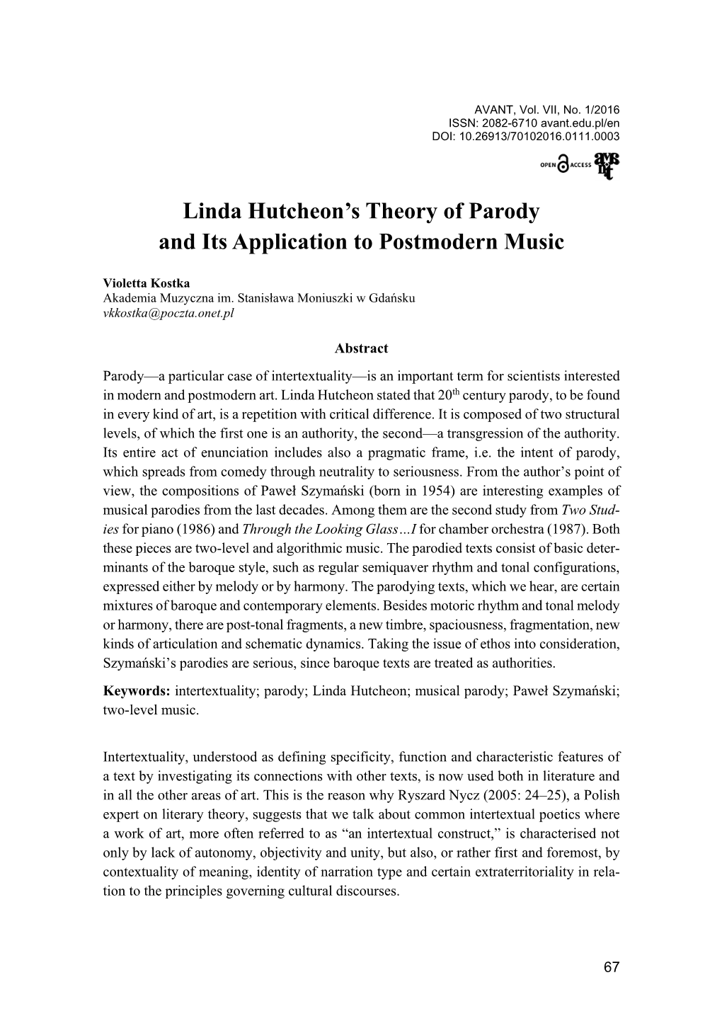 Linda Hutcheon's Theory of Parody and Its Application to Postmodern