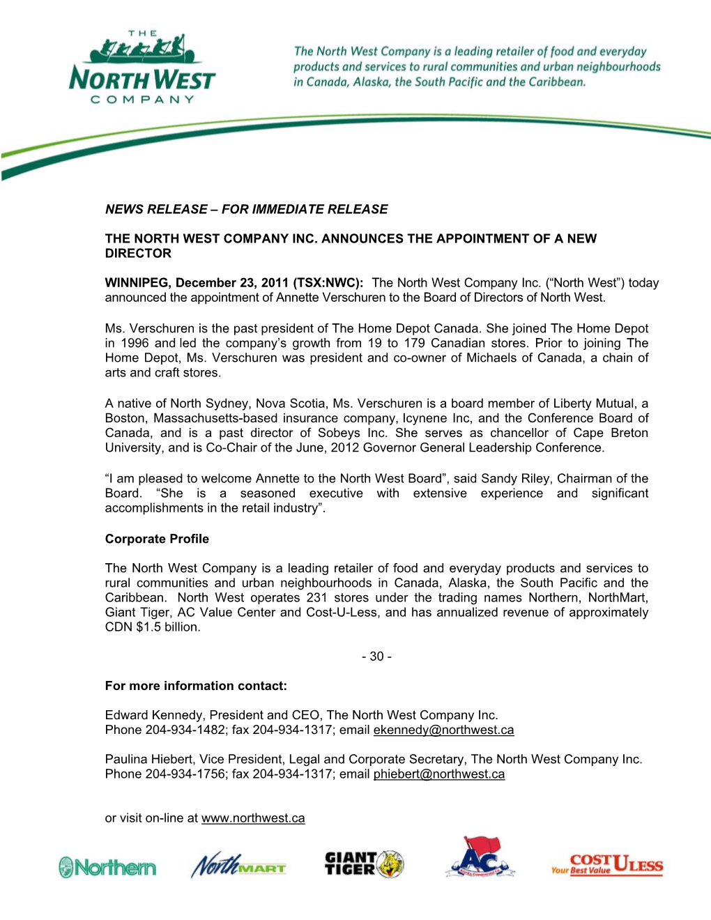 For Immediate Release the North West Company Inc