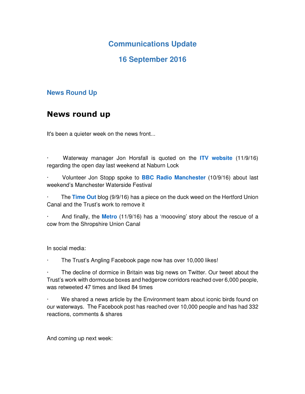 Communications Update 16 September 2016 News Round Up