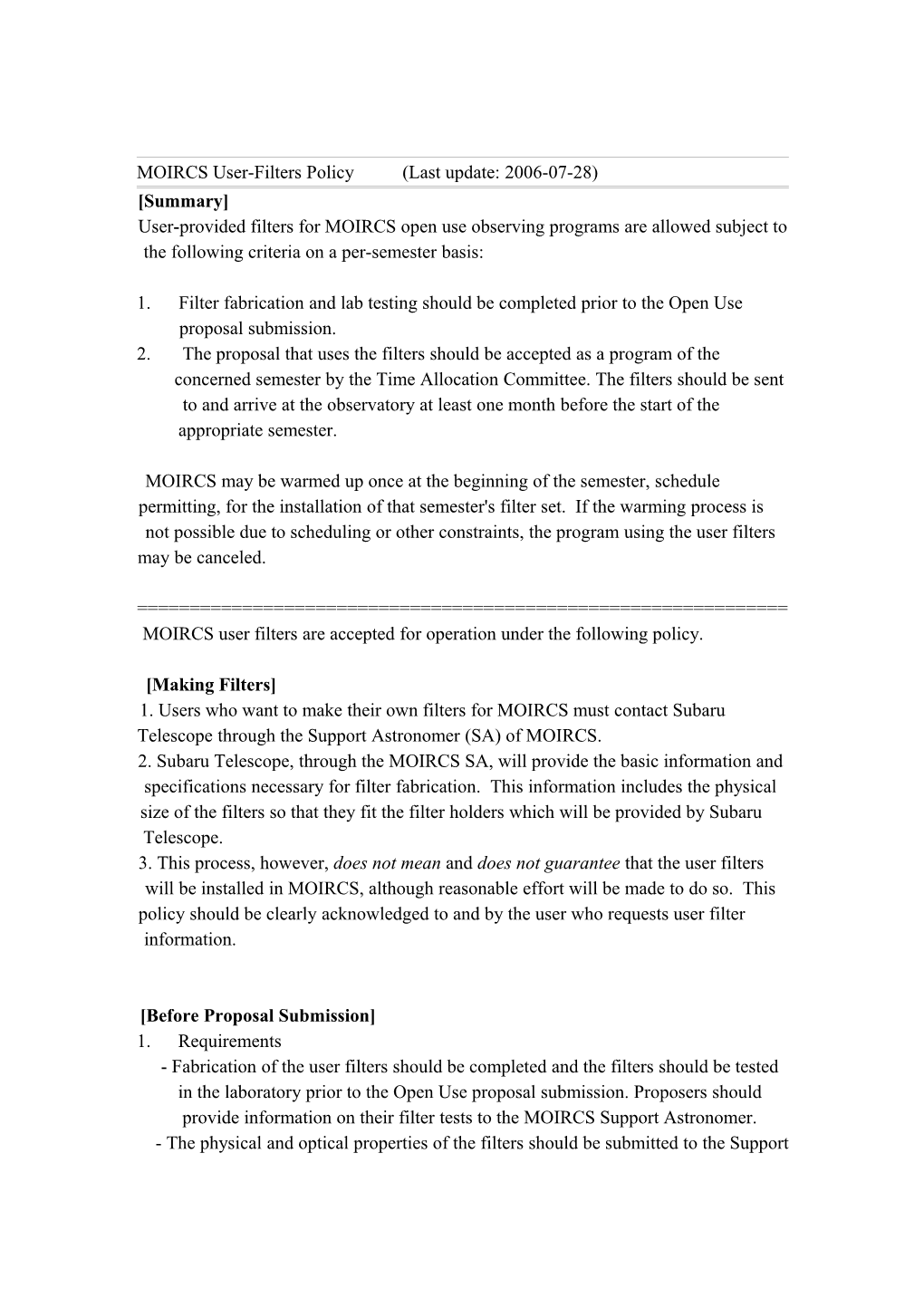 DCM 2006/07/13 MOIRCS User Filter Policy Draft