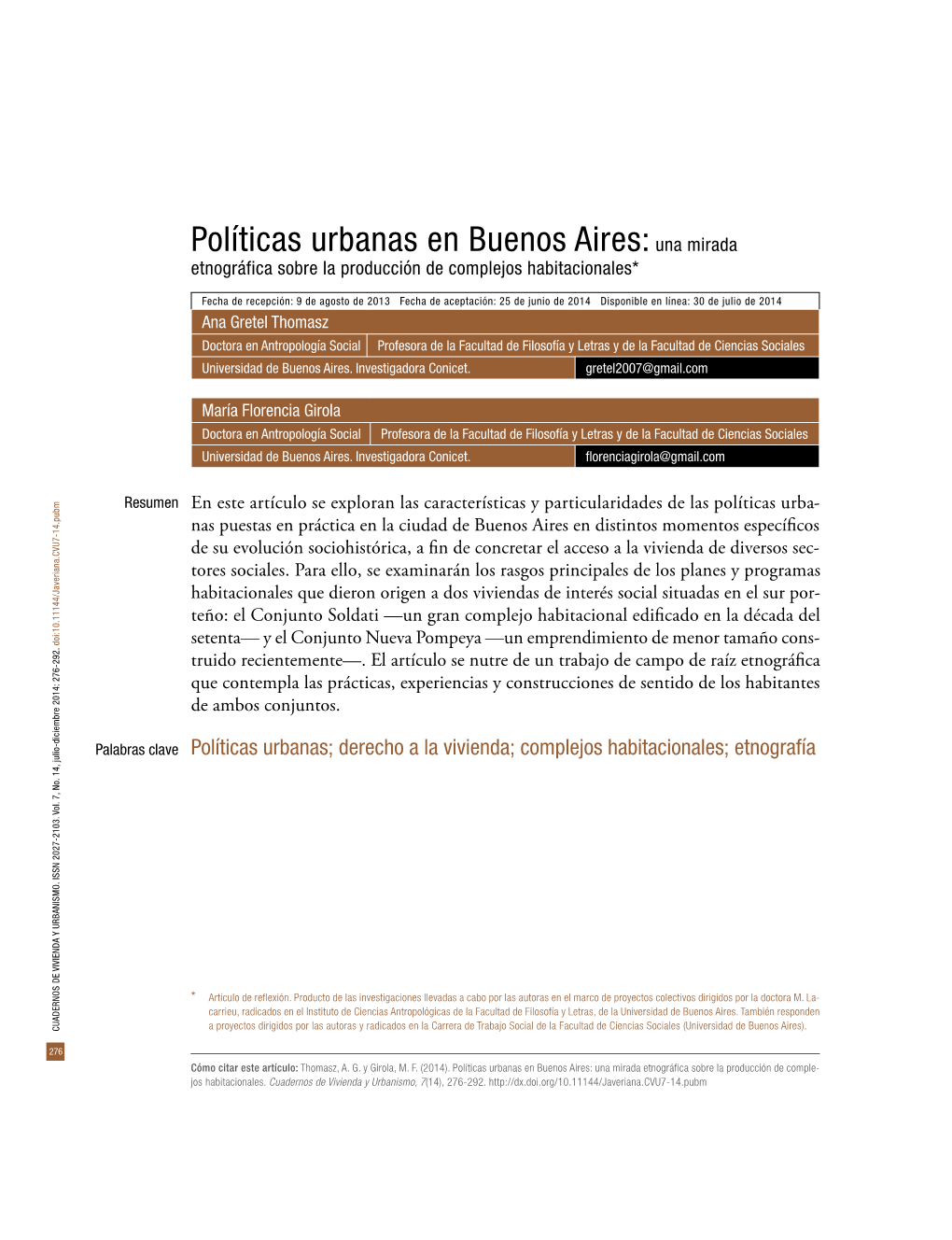 Políticas Urbanas En Buenos Aires:Una Mirada