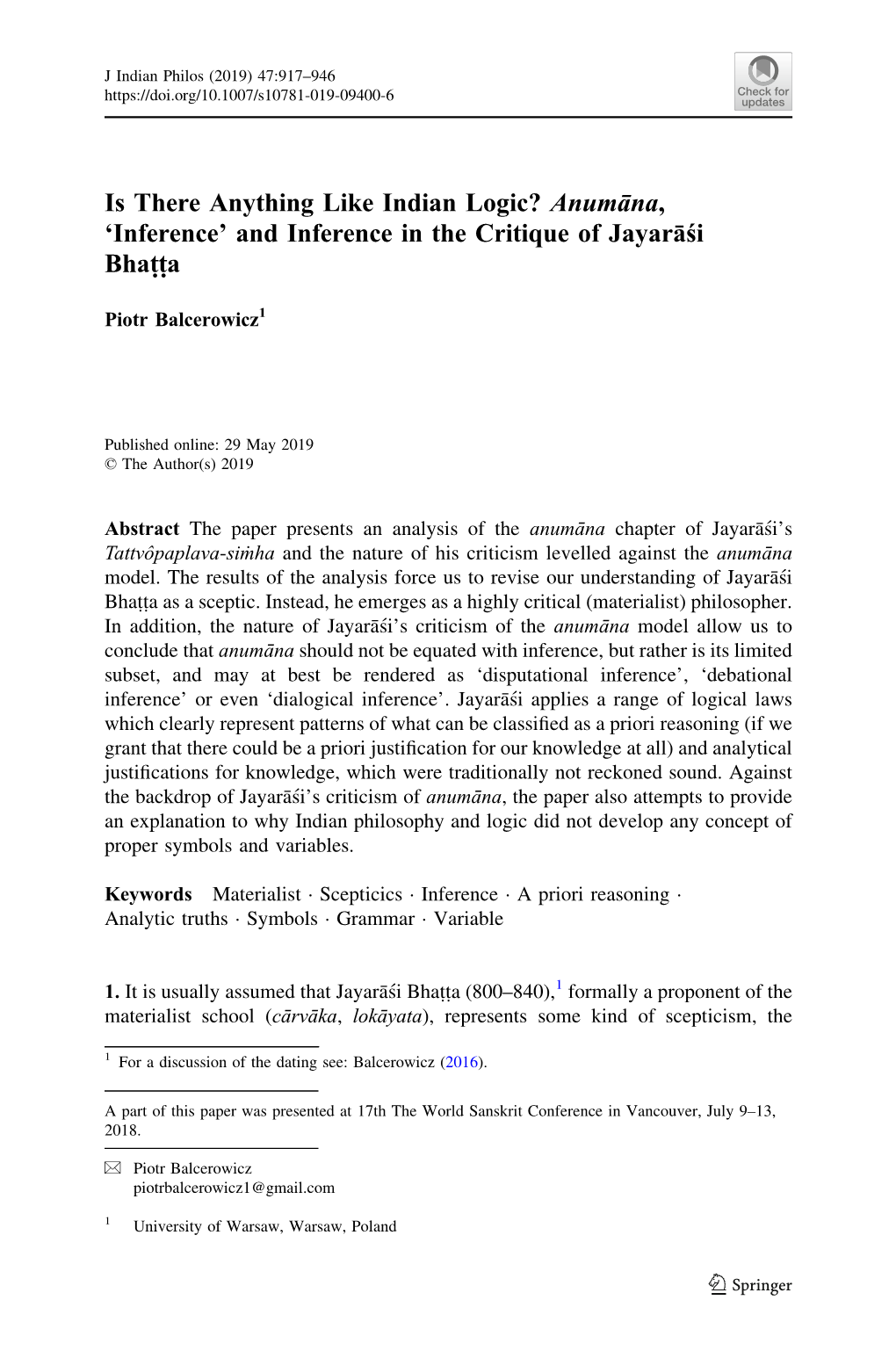 Is There Anything Like Indian Logic? Anumāna, 'Inference' and Inference in the Critique of Jayarāśi Bhaṭṭa