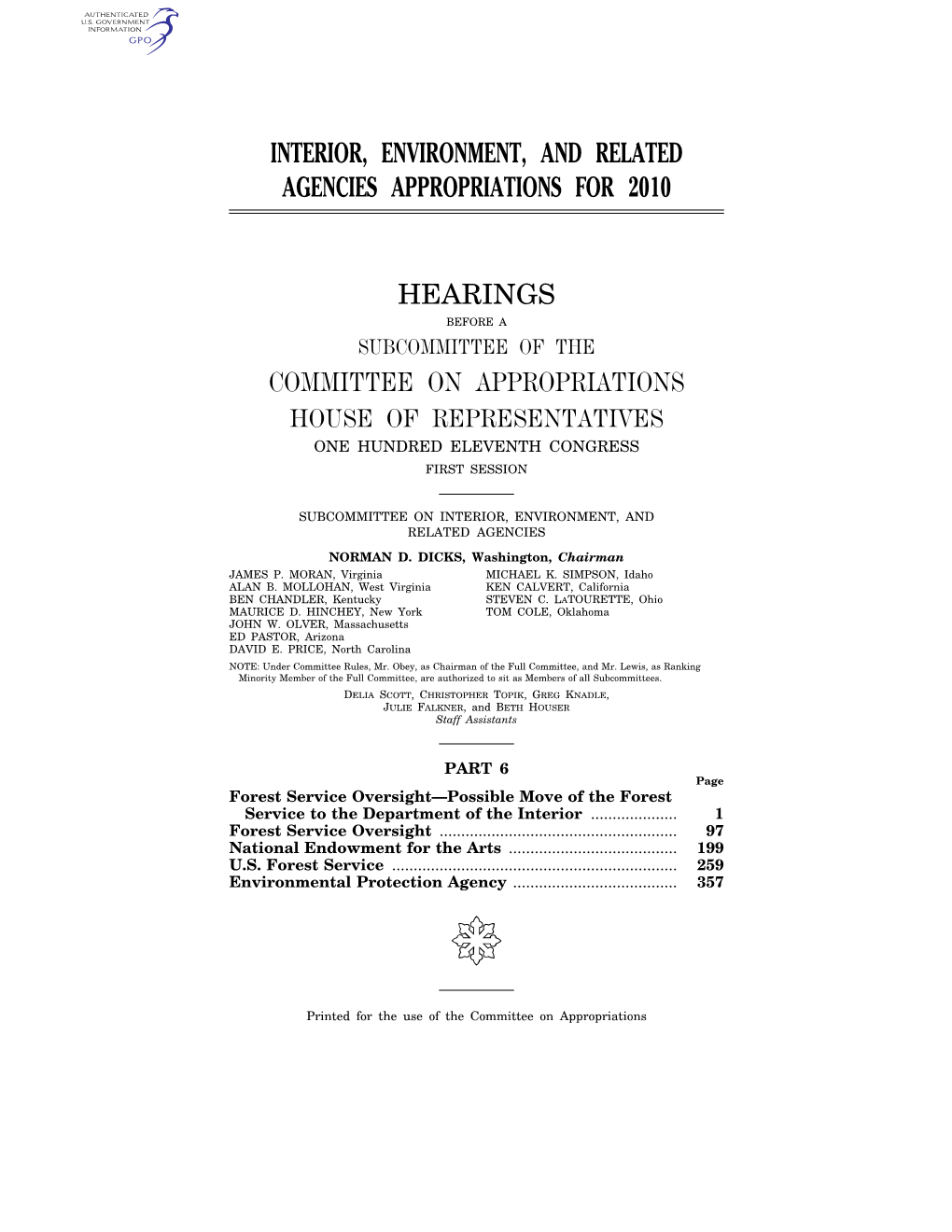 Interior, Environment, and Related Agencies Appropriations for 2010