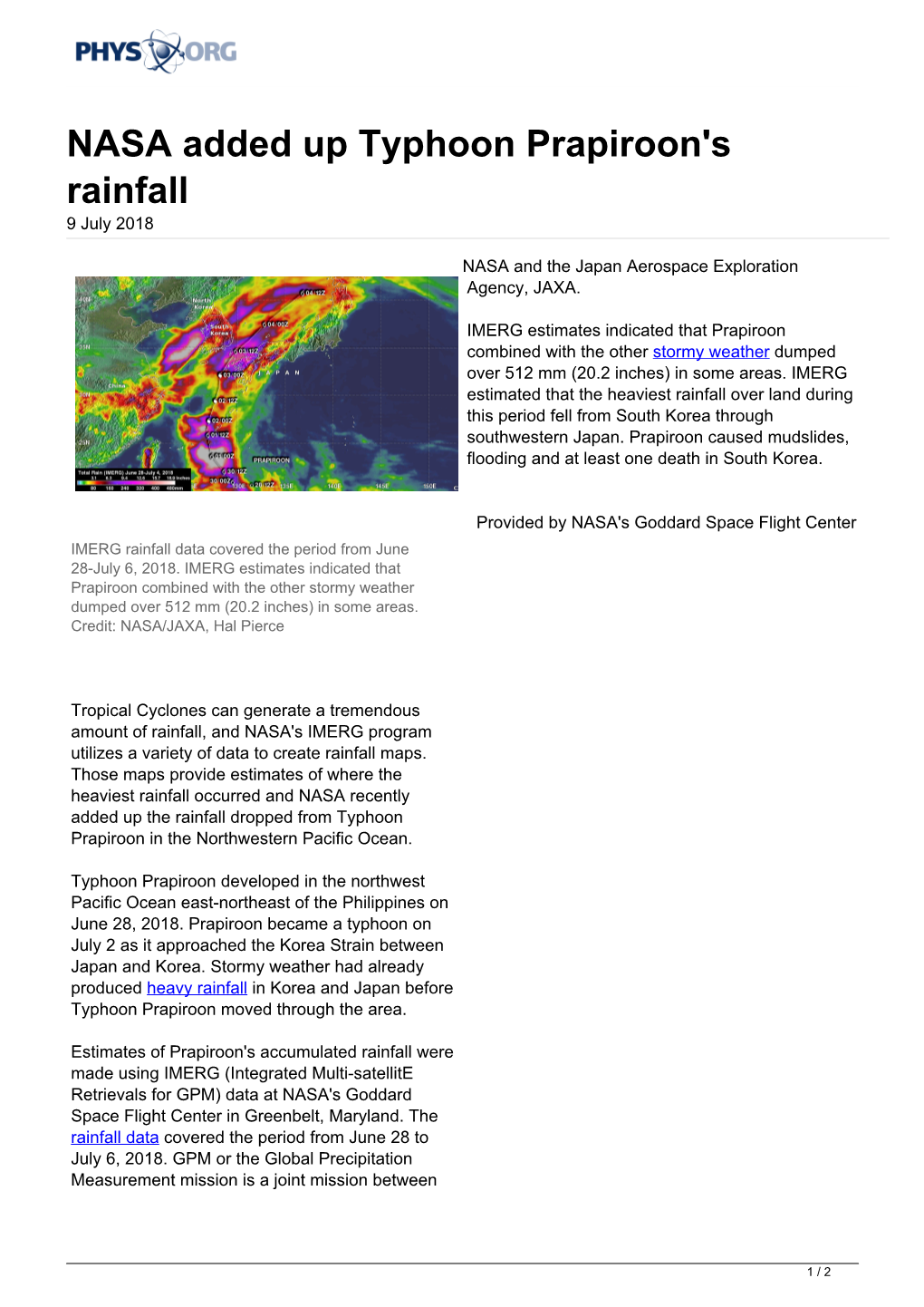 NASA Added up Typhoon Prapiroon's Rainfall 9 July 2018