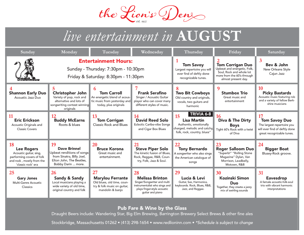 Live Entertainment in AUGUST