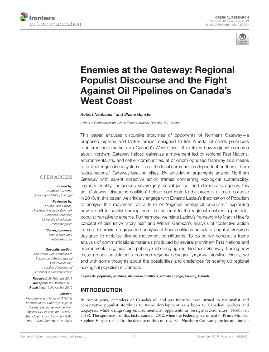 Enemies at the Gateway: Regional Populist Discourse and the Fight Against Oil Pipelines on Canada’S West Coast