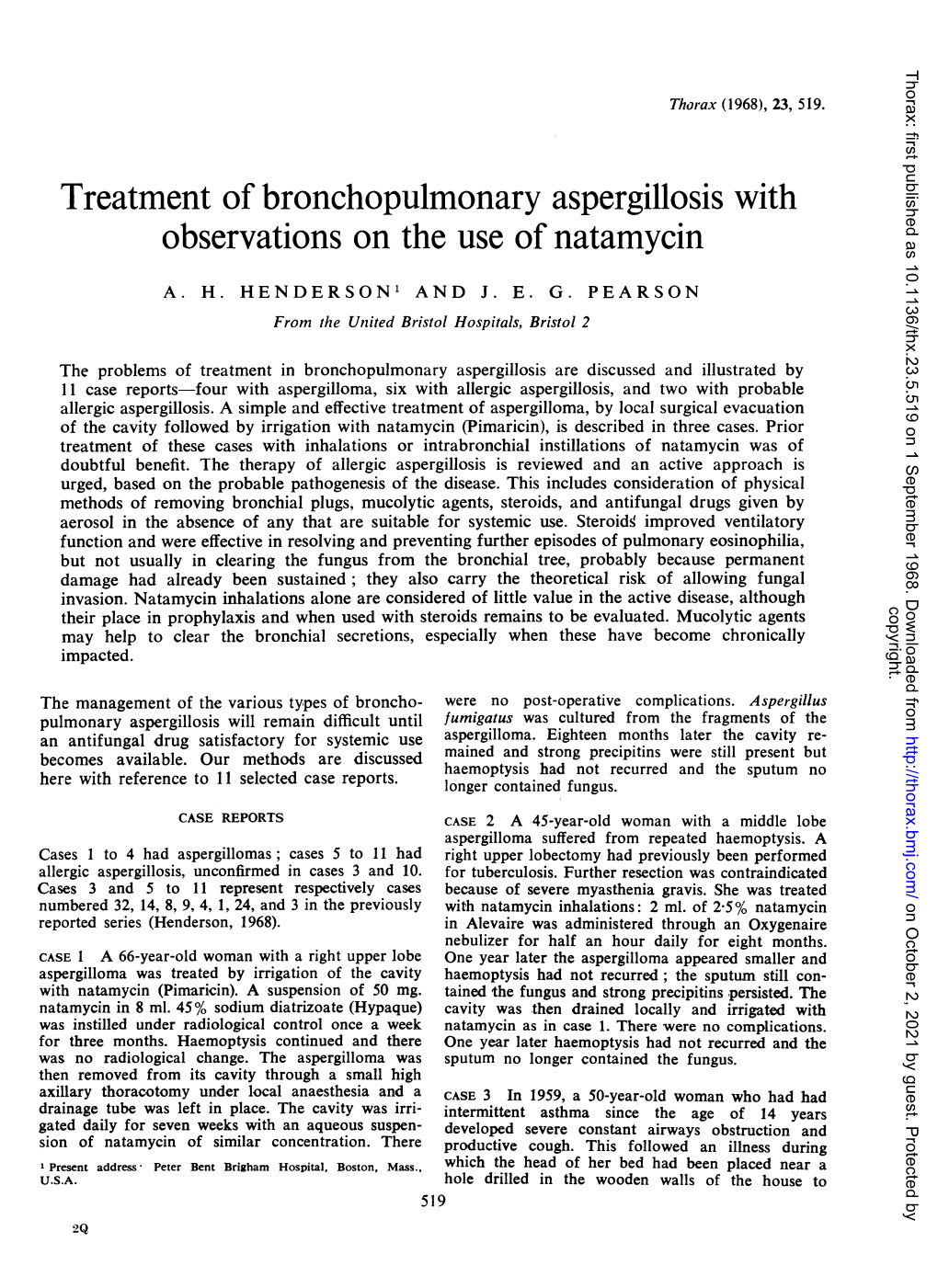 Treatment of Bronchopulmonary Aspergillosis with Observations on the Use of Natamycin