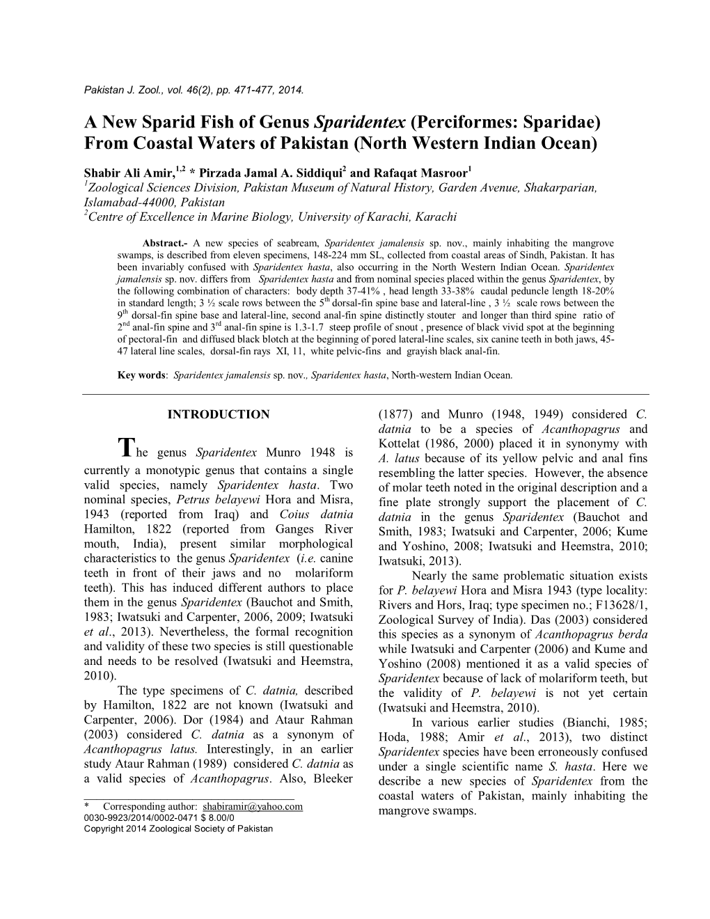 A New Sparid Fish of Genus Sparidentex (Perciformes: Sparidae) from Coastal Waters of Pakistan (North Western Indian Ocean)