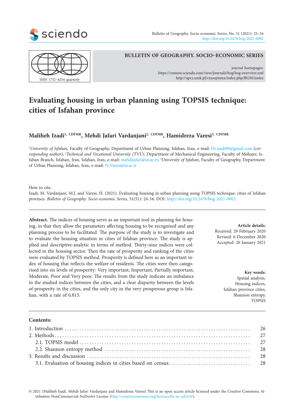 Evaluating Housing in Urban Planning Using TOPSIS Technique: Cities of Isfahan Province