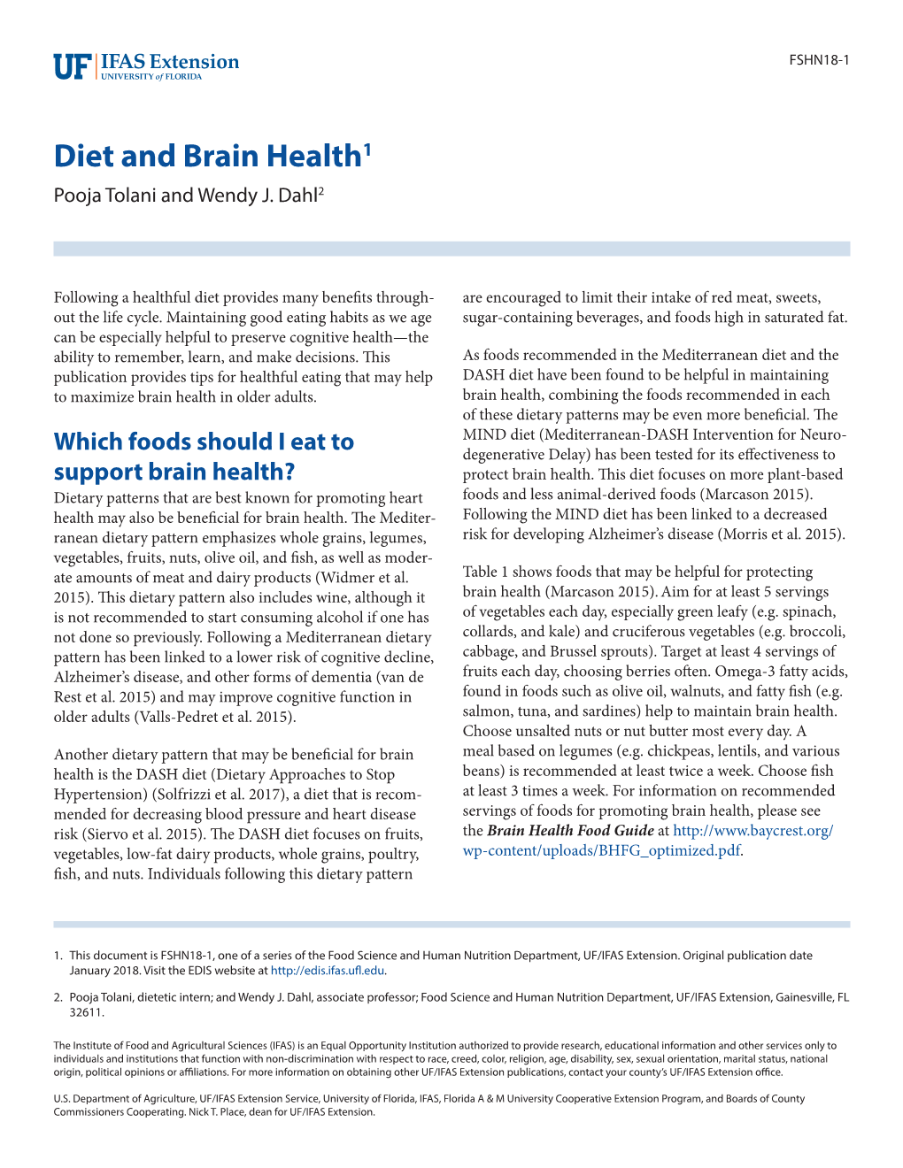 Diet and Brain Health1 Pooja Tolani and Wendy J