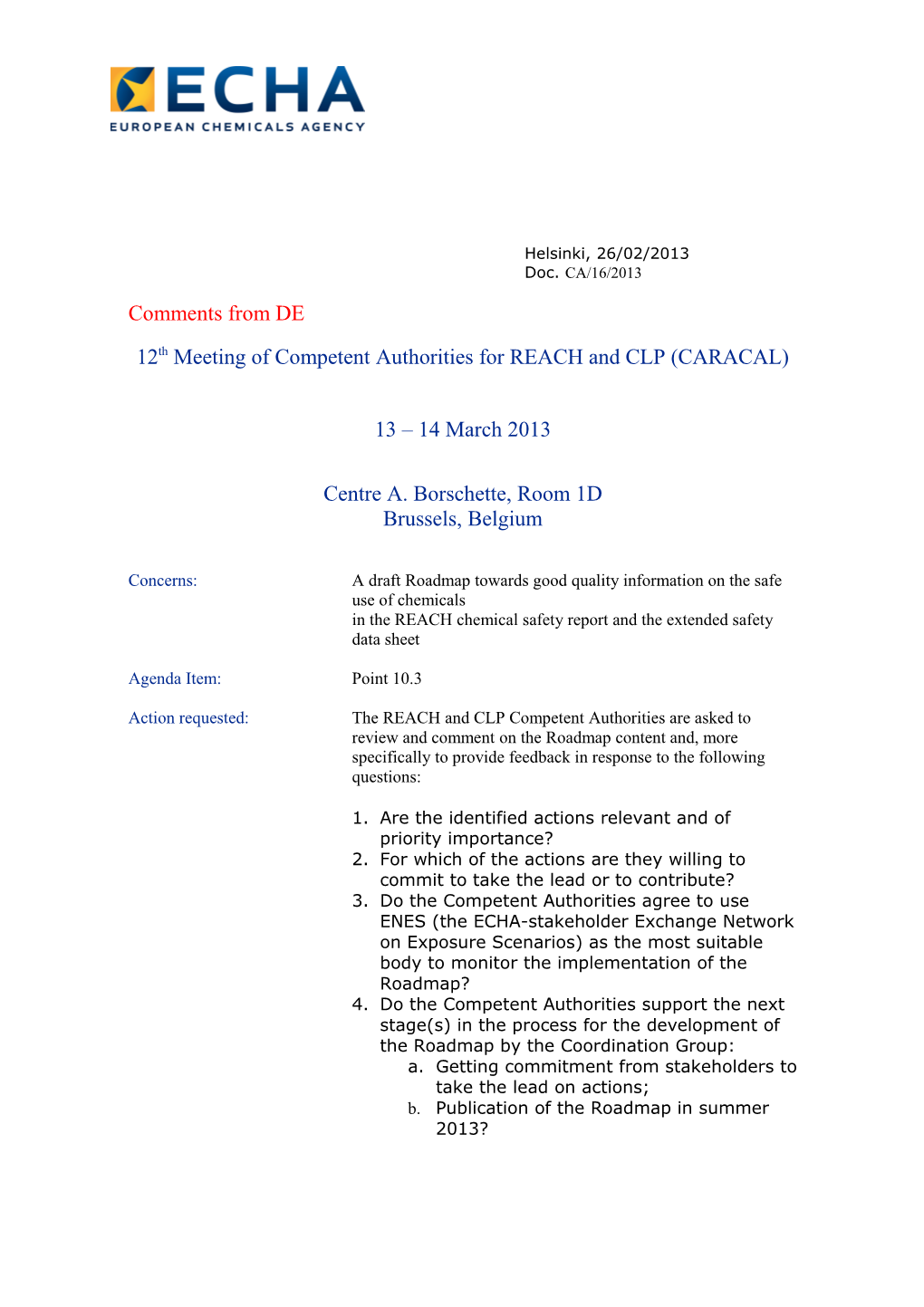 12Th Meeting of Competent Authorities for REACH and CLP (CARACAL)