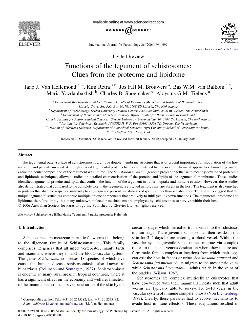 Functions of the Tegument of Schistosomes: Clues from the Proteome and Lipidome