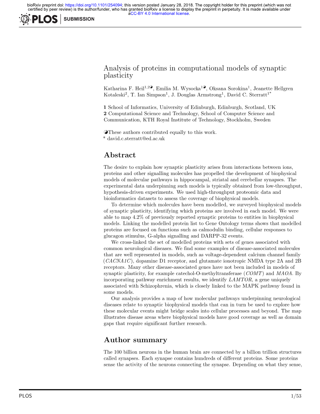 Analysis of Proteins in Computational Models of Synaptic Plasticity