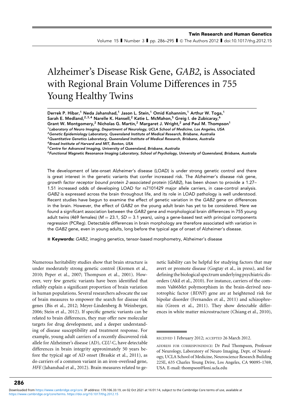 Alzheimer's Disease Risk Gene, GAB2, Is Associated with Regional Brain