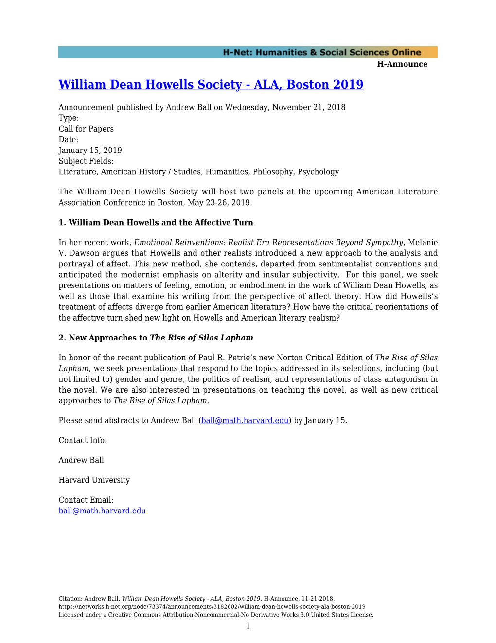 William Dean Howells Society - ALA, Boston 2019