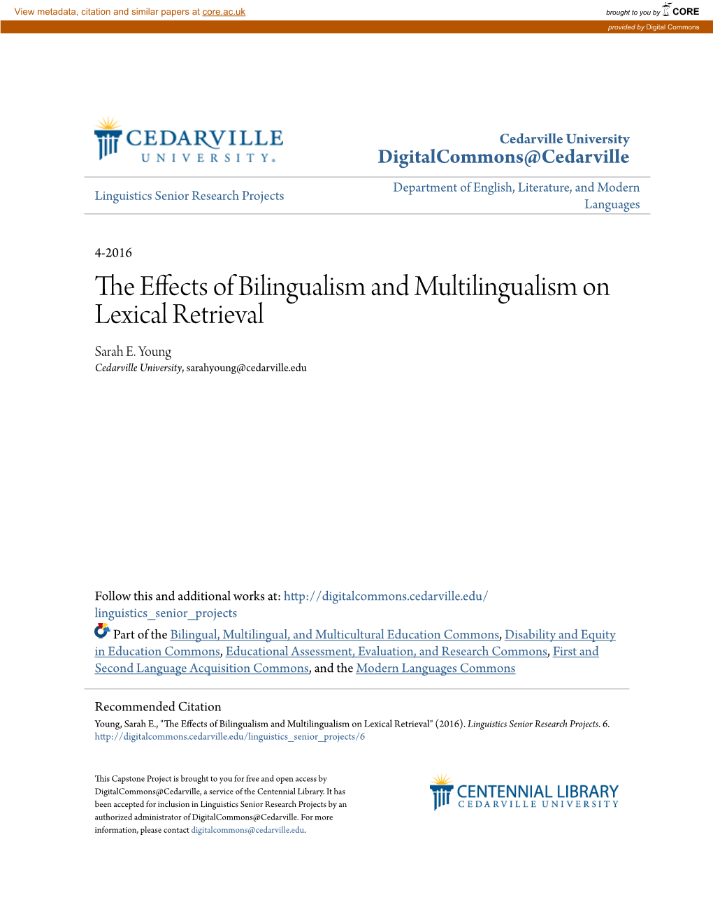 The Effects of Bilingualism and Multilingualism on Lexical Retrieval" (2016)