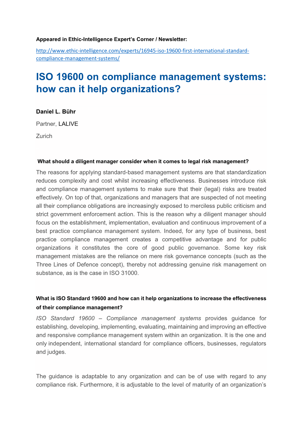 ISO 19600 on Compliance Management Systems: How Can It Help Organizations?