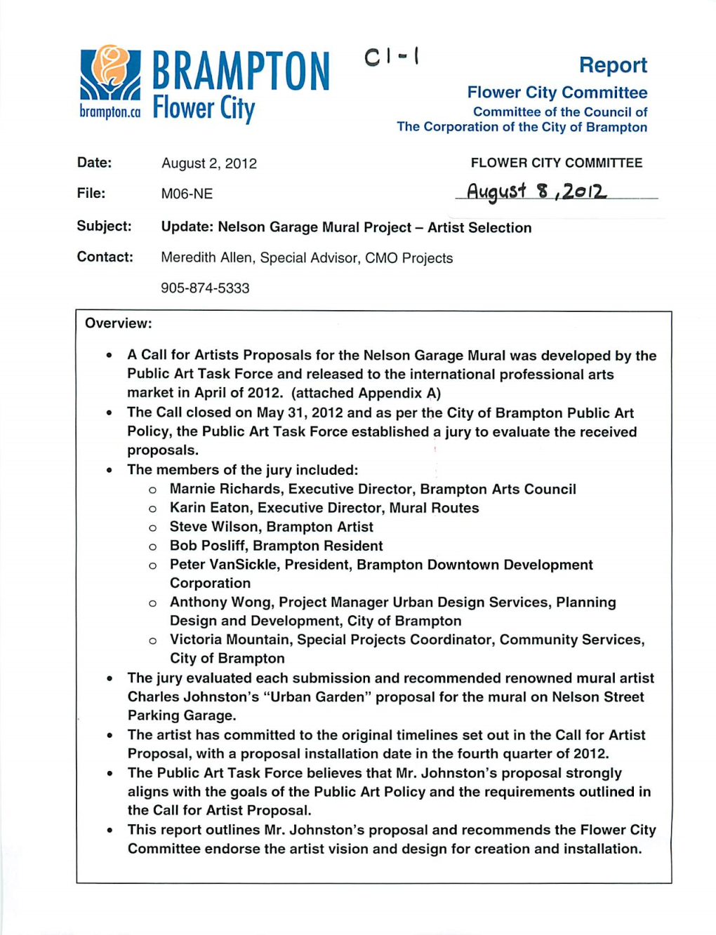 Flower City Committee Item C1 for August 8, 2012