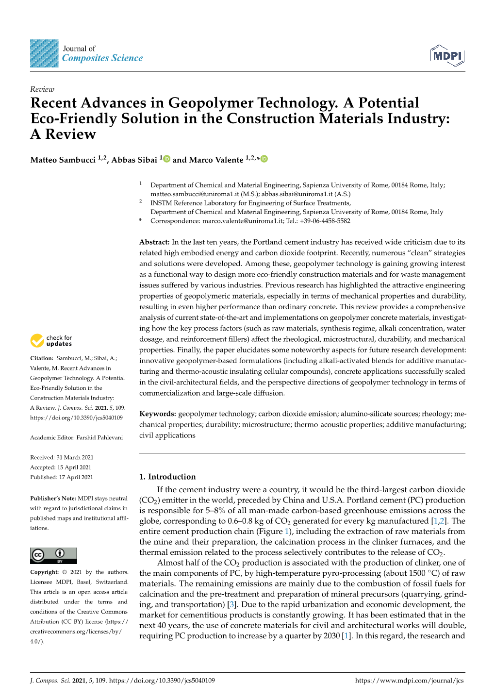 Recent Advances in Geopolymer Technology. a Potential Eco-Friendly Solution in the Construction Materials Industry: a Review