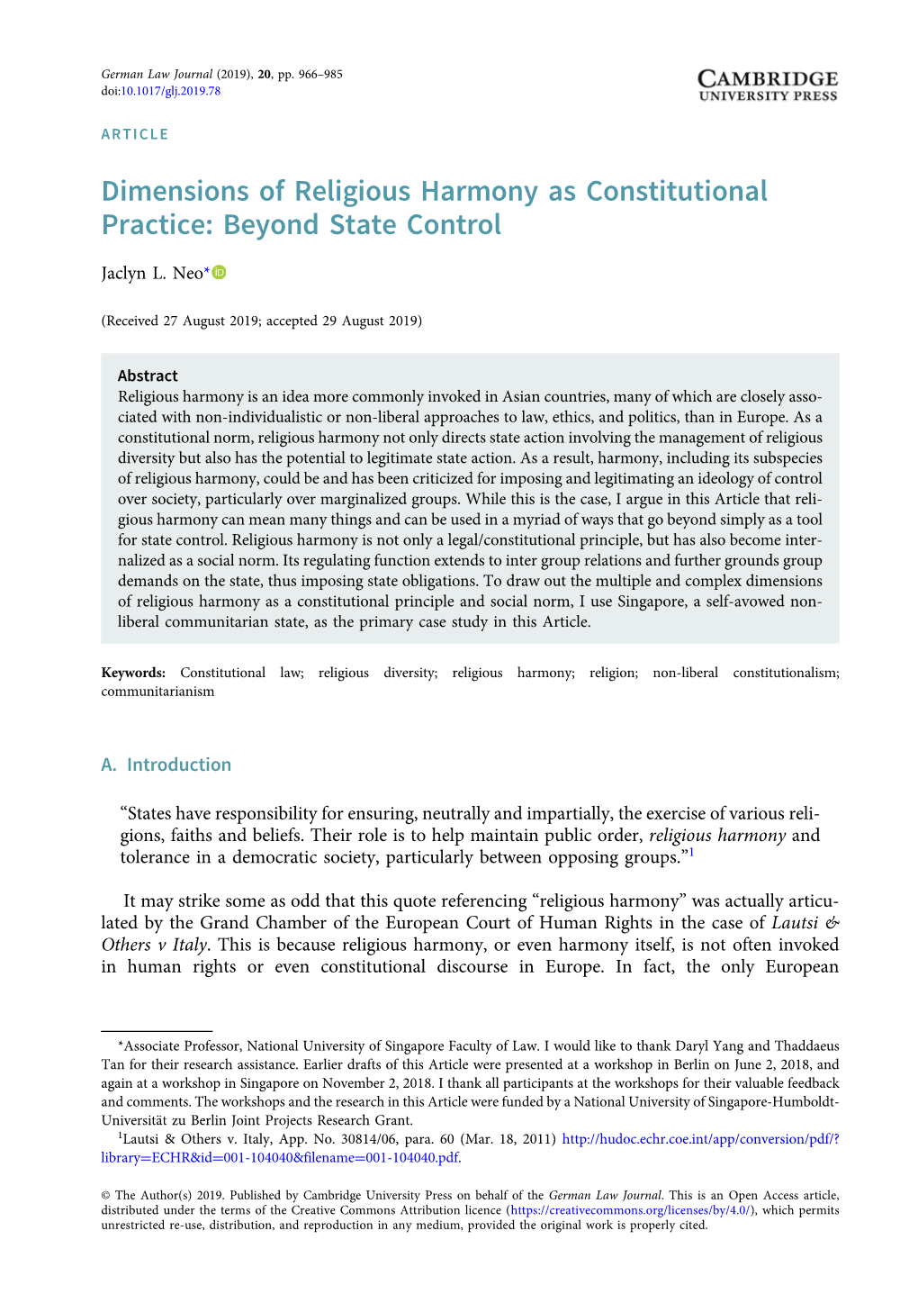 Dimensions of Religious Harmony As Constitutional Practice: Beyond State Control