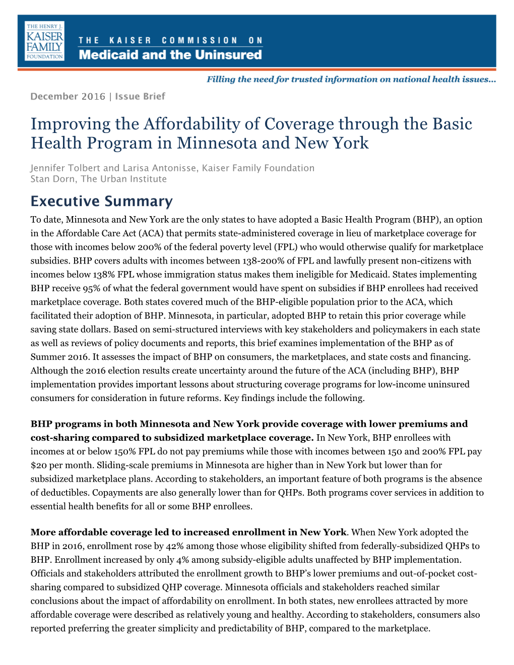 Improving the Affordability of Coverage Through the Basic Health Program in Minnesota and New York