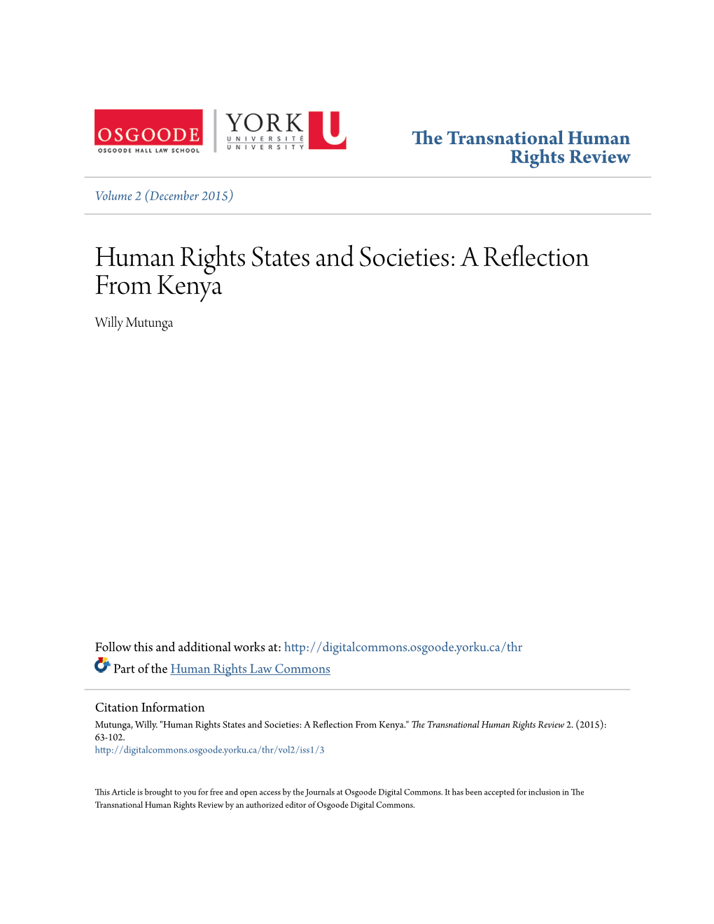 Human Rights States and Societies: a Reflection from Kenya Willy Mutunga