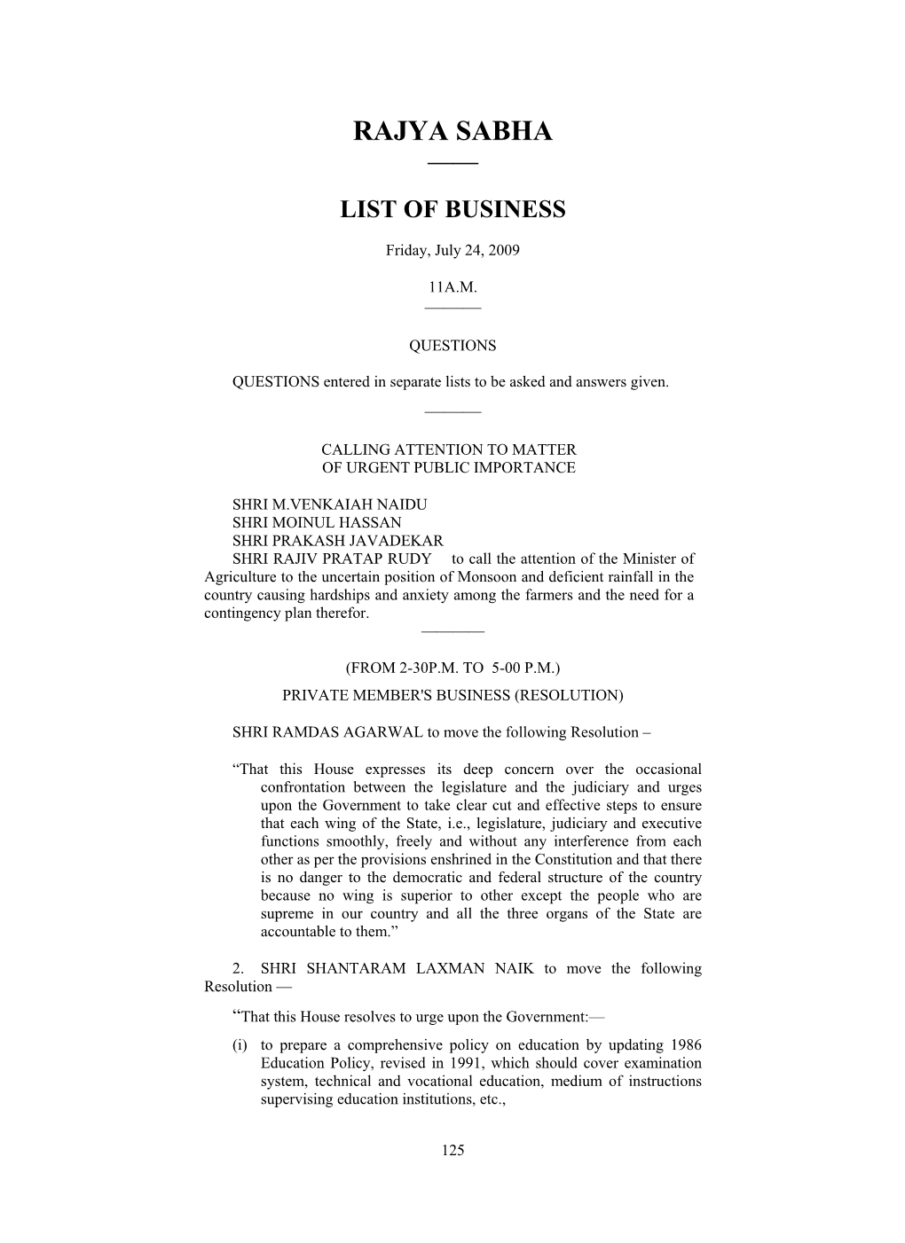 Rajya Sabha —— List of Business